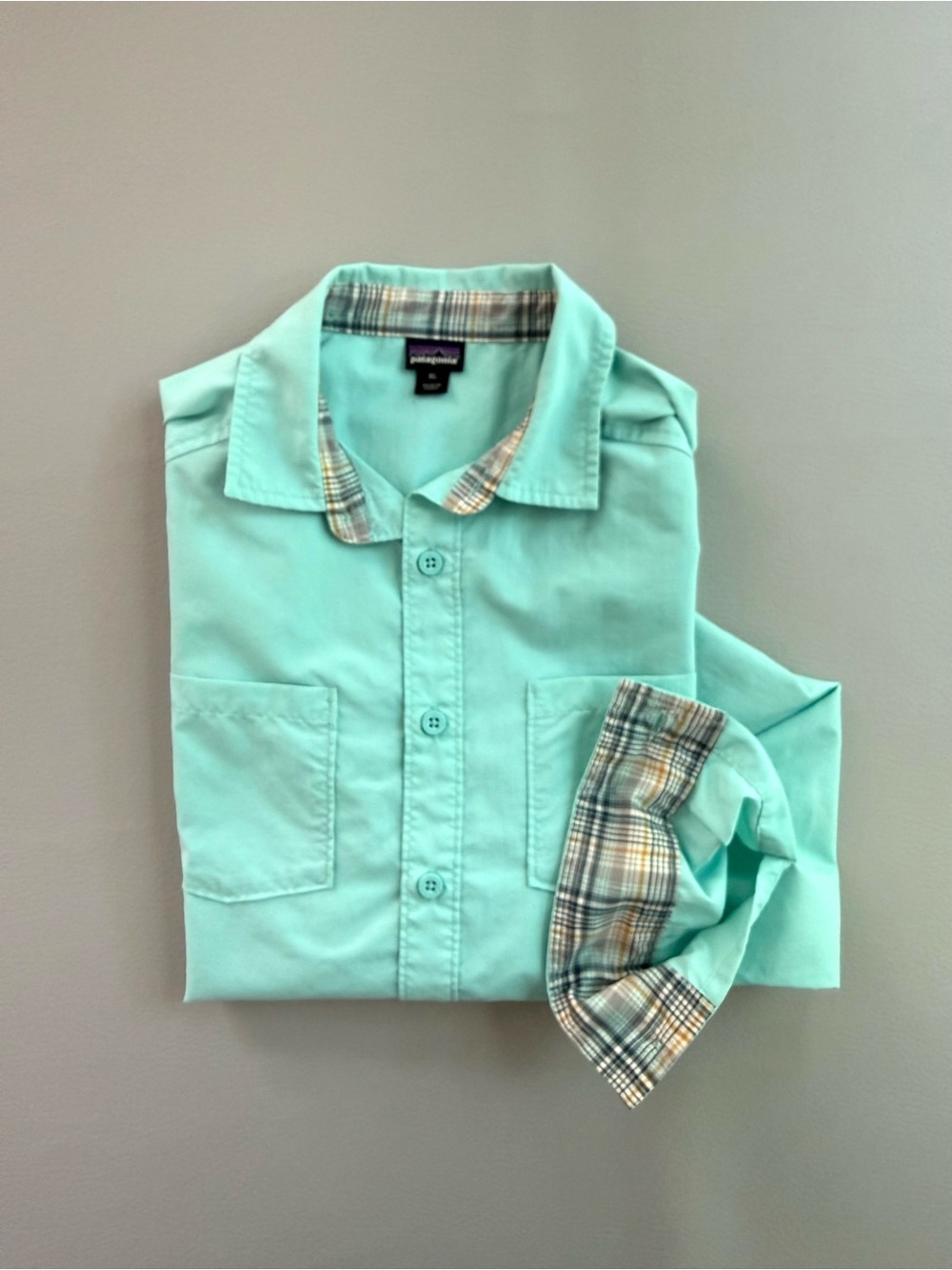Patagonia Kids Long Sleeved Button Up Rio North Shirt Bend Blue Boys XL - Stains